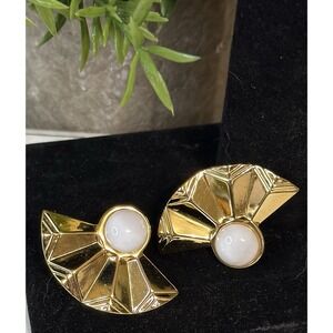 Vintage Gold-Tone FAN White Cabochon Stud Earrings Jewelry